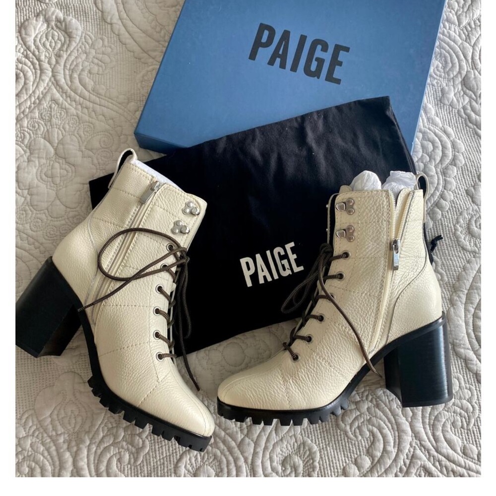 Paige Christie chunky heel white leathered boots.
